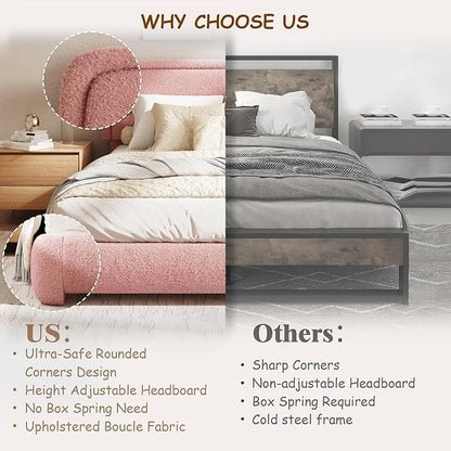 Queen Size Boucle Bed Frame, Cloud Upholstered Platform Bed with Height Adjustable Headboard & Soft Rounded Corners, No Box Spring Needed, Noise Free, Easy Assembly, Pink