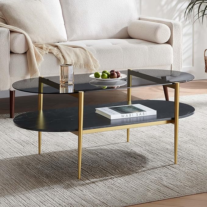 Oval Glass Coffee Table, Mid-Century Modern Design, L41 x W21 x H17 inch, for Living Room, Grey Glass Top, Black Marble Finish Wood Shelf & Gold Finish Frame