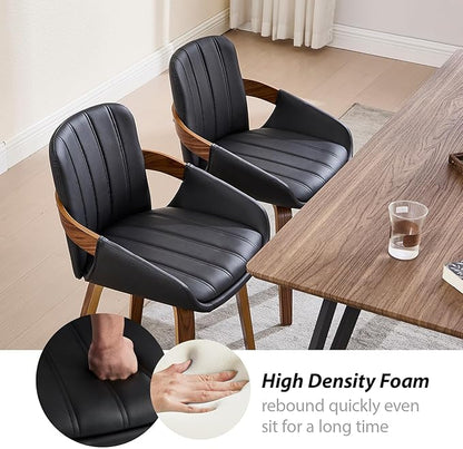 Dining Chairs Set of 2, Mid Century Modern Dining Room Chairs with Arms and Mid Back PU Leather Upholstered Bentwood Kitchen Chairs for Home Restaurant Office - Black