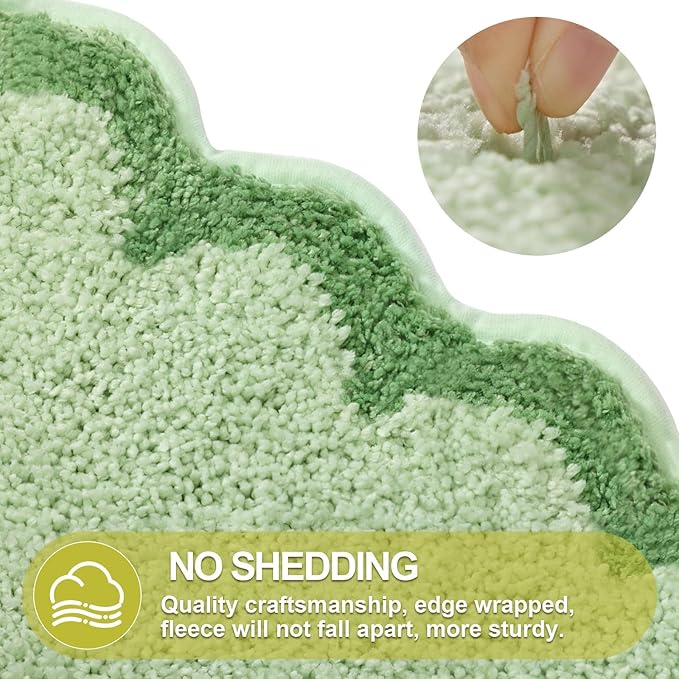 ORTIGIA Long Cute Scalloped Bathroom Rugs Runner, Fun Green Plush Microfiber Scallop Bath Mats Non Slip Washable Quick Dry Absorbent, Rug  for Bathtub Sink Laundry Room Bedroom, 17x47