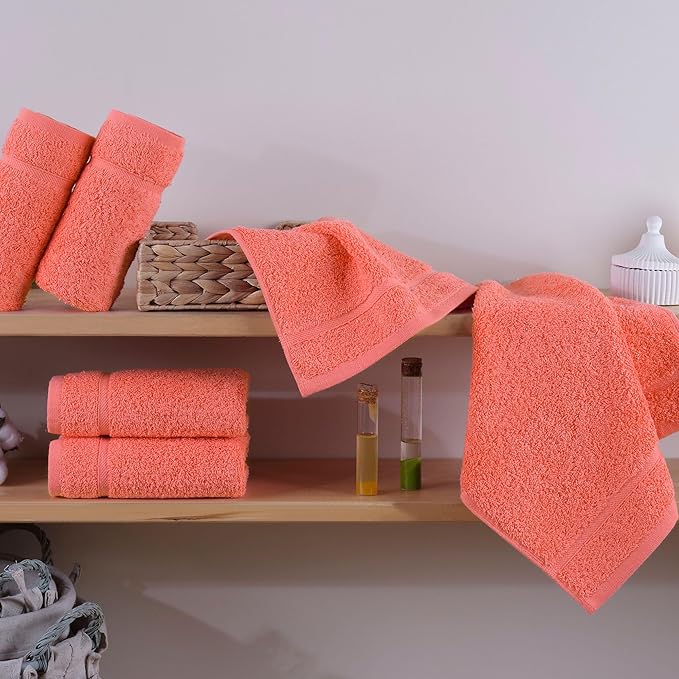 Hawmam Linen Luxury Cotton Washcloths 13x13 Inch - Large Hotel Spa Bath Towels Face Towel 12 Pack, Coral Orange
