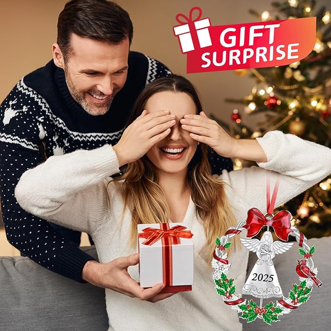 Christmas Ornament 2025 for Christmas Tree Decorations, Dated 2025 Christmas Wreath Ornament with Rotatable Angel for Holiday Decorative Keepsake Gift(Metal,1 Pack)