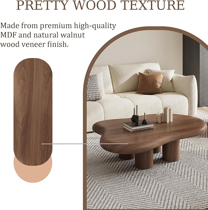 48.42" Modern Cloud Coffee Table for Living Room, Dark Brown Wood Coffee Table with 4 Sturdy Legs, Mid-Century Modern Tea Table Living Room Table for Home Office