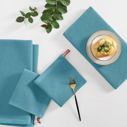 Homaxy 100% Cotton Kitchen Towels and Dishcloths Set, 12 x 12 Inches and 13 x 28 Inches, Set of 12 Bulk Kitchen Towels Set, Ultra Soft Absorbent Dish Cloths for Washing Dishes, Lake Blue