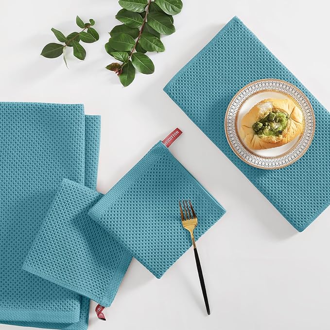 Homaxy 100% Cotton Kitchen Towels and Dishcloths Set, 12 x 12 Inches and 13 x 28 Inches, Set of 10 Bulk Kitchen Towels Set, Ultra Soft Absorbent Dish Cloths for Washing Dishes, Lake Blue