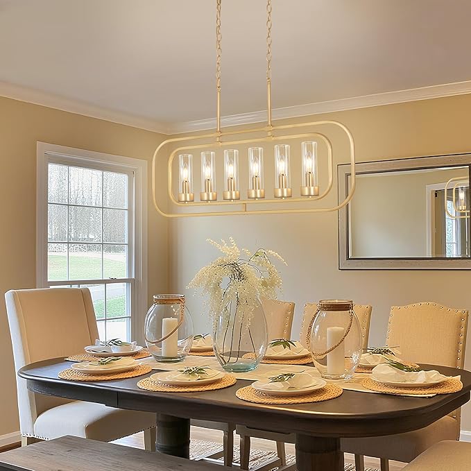 Dining Room Light Fixture, 36" Gold Island Lights for Kitchen Modern Linear Chandelier 6 Lights Farmhouse Chandelier Large Pendant Light, Industrial Chandeliers for Dining Room, Clear Glass