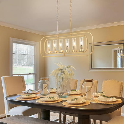Dining Room Light Fixture, 36" Gold Island Lights for Kitchen Modern Linear Chandelier 6 Lights Farmhouse Chandelier Large Pendant Light, Industrial Chandeliers for Dining Room, Clear Glass