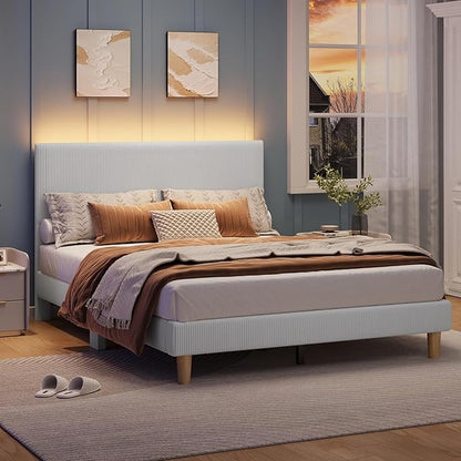 Bestier Queen Bed Frame with Adjustable Headboard, LED Lighting, Vertical Channel Tufted Corduroy Upholstered, Solid Wooden Slat Support, No Box Spring Needed, Never Squeak, Easy Assembly, Light Grey