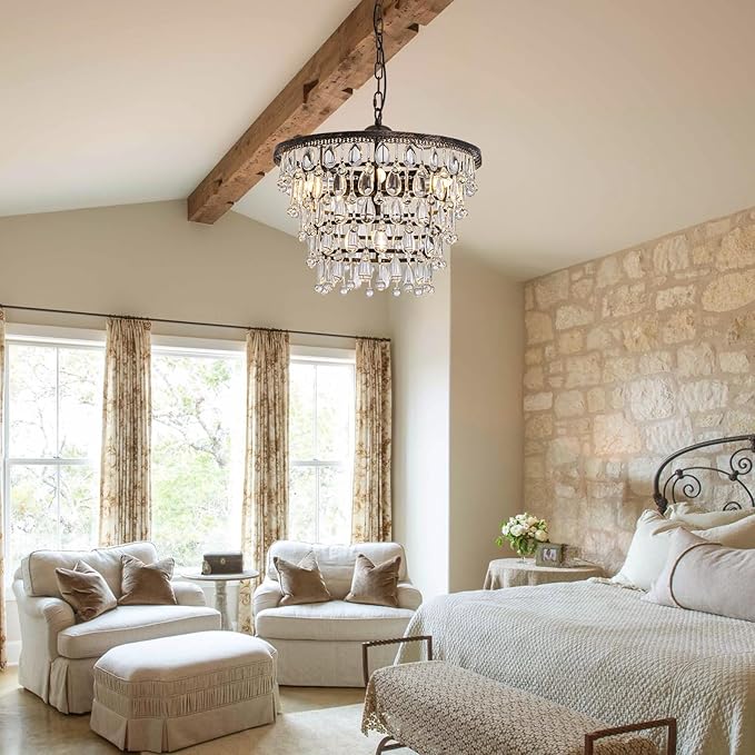 Vintage Crystal Chandeliers for Dining Room Light Fixture, 6-Light 5-Tier Antique Bronze Chandelier for Kitchen Island Bar Living Room Foyer Entryway, D20 xH17