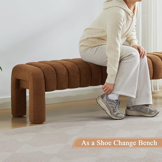 63’’ End of Bed Bench, Modern Boucle Entryway Bench, Upholstered Ottoman Stool with Extra Length, Full Coverage Fabrics, Ottoman for Bedroom, Living Room, Dining Room, Rust Brown