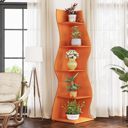 LITTLE TREE Small Corner Shelf, Modern 5-Tier Wall Corner Bookshelf, Stylish Bookcase Storage Rack for Small Space, Living Room, Bedroom, Orange, 2 Pack