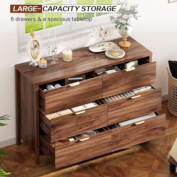 Fluted Dresser for Bedroom with 6 Drawers, 47.2" Modern Chest of Drawers, Dresser TV Stand, Wood Drawer Organizer for Living Room, Hallway, Brown