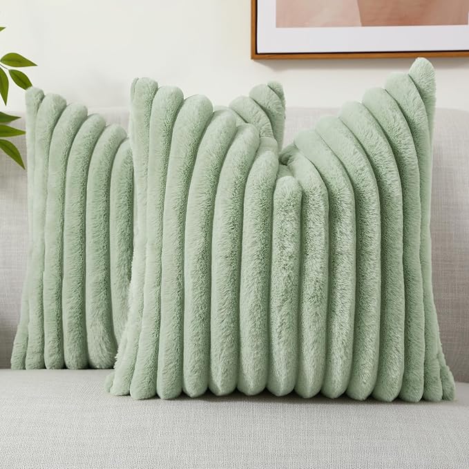 decorUhome Faux Fur Christmas Throw Pillow Covers 24x24 Set of 2, Decorative Soft Plush Striped Neutral Euro Pillow Covers with Velvet Back for Bed, Living Room Home Decor, Sage Green