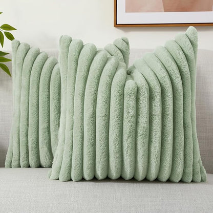 decorUhome Faux Fur Christmas Throw Pillow Covers 24x24 Set of 2, Decorative Soft Plush Striped Neutral Euro Pillow Covers with Velvet Back for Bed, Living Room Home Decor, Sage Green