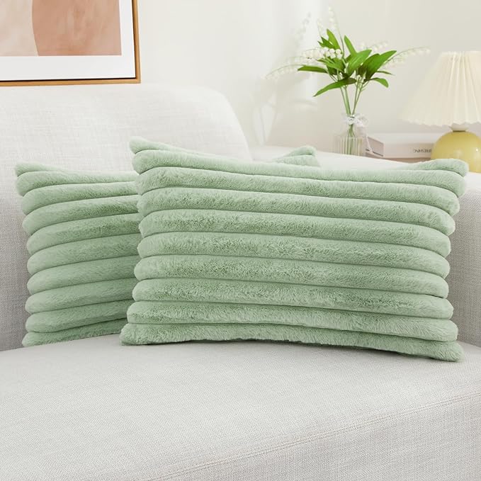 decorUhome Faux Fur Christmas Throw Pillow Covers 12x20 Set of 2, Decorative Soft Plush Striped Neutral Euro Pillow Covers with Velvet Back for Bed, Living Room Home Decor, Sage Green