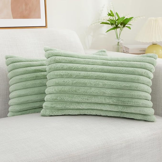 decorUhome Faux Fur Christmas Throw Pillow Covers 12x20 Set of 2, Decorative Soft Plush Striped Neutral Euro Pillow Covers with Velvet Back for Bed, Living Room Home Decor, Sage Green