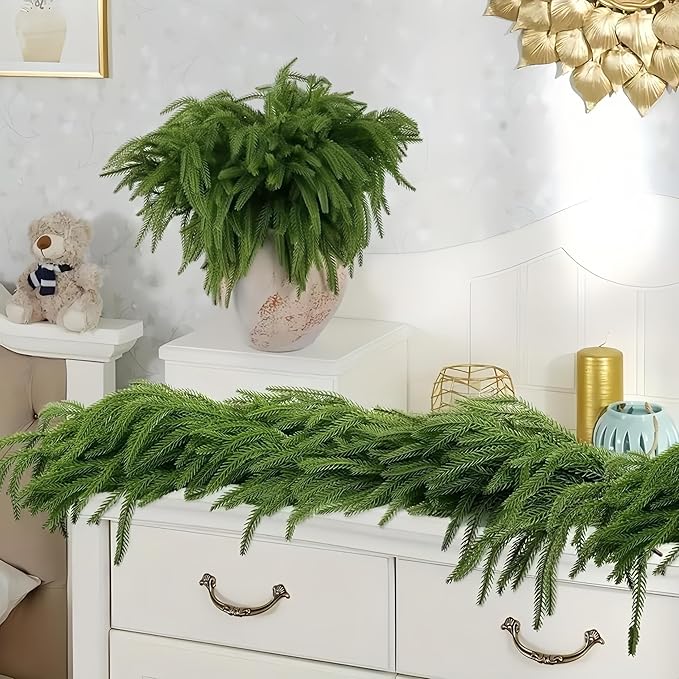 Christmas Decorations Artificial Norfolk Pine Garlands 6FT, Real Touch Winter Pine Garland, Green Artificial Greenery Garland for Table, Mantle, Wall, Indoor, Outdoor Decorations