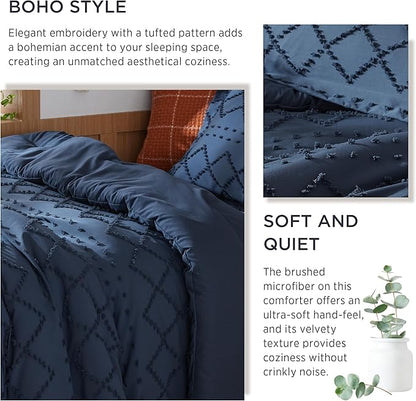 Bedsure Twin Comforter Set - Navy Blue Comforter, Boho Tufted Shabby Chic Bedding for Kids, 2 Pieces Vintage Farmhouse Bed Set for All Seasons, Fluffy Soft Bedding with 1 Pillow Sham