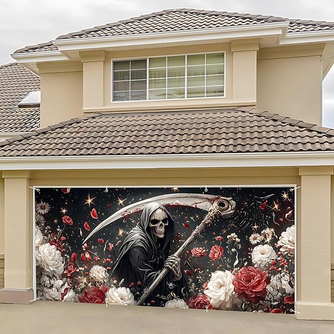 6 x 13 ft Halloween Garage Door Decorations Halloween decorations Witch Door Cover, Hanging Banner, Cauldron Backdrop Mural for Home, Outdoor, Indoor, Spooky Party, Wall, Window (Scythe-1)