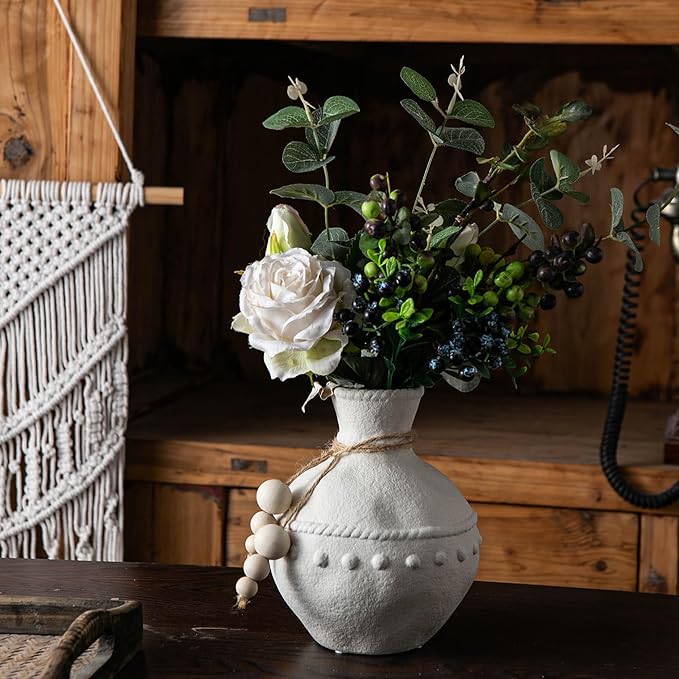 Rustic Ceramic Vase with Boho Wooden Beads, Matte Decorative Pottery for Modern Farmhouse and Bohemian Decor, Floral Arrangements, Living Room, Table Centerpieces