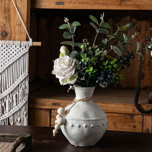 Rustic Ceramic Vase with Boho Wooden Beads, Matte Decorative Pottery for Modern Farmhouse and Bohemian Decor, Floral Arrangements, Living Room, Table Centerpieces