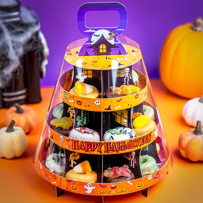 Send A Cake Halloween Donut Tower Gift Box – 20 Individually Wrapped Mini Donuts – Halloween Treats for Kids & Adults, Fun Delivery Gift for All Ages