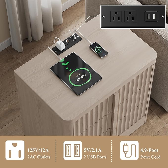 Fluted Nightstand with Charging Station, 23.6" Night Stand with Solid Wood Handle, Mid Century Modern Bedside Table End Table 3 Drawer Dresser for Bedroom, Living Room, White Alder