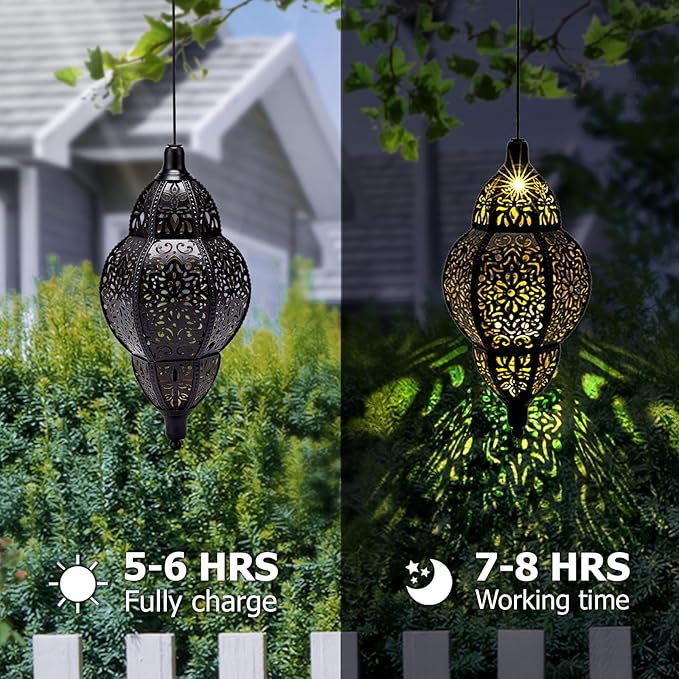 Hanging Solar Lantern Outdoor Decor, Moroccan Solar Lights for Outside Garden Decorations, Waterproof Solar Lanterns Garden Gifts for Mom, Women, Patio, Yard Ornament