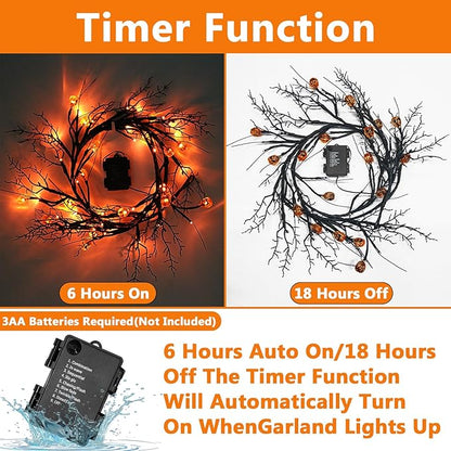 [ 8 Modes & Timer 6 Ft 54 LED Halloween Willow Vine Twig Decor Garland with 18 Pumpkins Orange Lights Waterproof Battery Operated Halloween Decorations for Home Wall Mantle Fireplace Decor