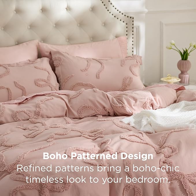 Bedsure King Size Comforter Set - Rose Pink Tufted Boho Bed Set, Farmhouse Shabby Chic Embroidery Bedding for All Seasons, 3 Pieces, 1 Soft Jacquard King Comforter and 2 Pillow Shams