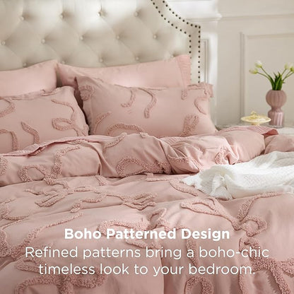 Bedsure King Size Comforter Set - Rose Pink Tufted Boho Bed Set, Farmhouse Shabby Chic Embroidery Bedding for All Seasons, 3 Pieces, 1 Soft Jacquard King Comforter and 2 Pillow Shams