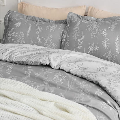 Bedsure California King Comforter Set - Grey Bed Set, 3 Pieces Cute Floral Bedding, 1 Soft Reversible Botanical Flowers Comforter and 2 Pillow Shams