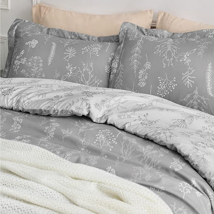 Bedsure Full Comforter Set - Grey Bed Set, 3 Pieces Cute Floral Bedding, 1 Soft Reversible Botanical Flowers Comforter and 2 Pillow Shams