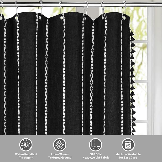 MitoVilla Black Small Stall Shower Curtain 36 x 72, Half Size Narrow Polyester Linen Heavy Fabric Shower Curtains for Boho Farmhouse Bathroom Decor, Wrinkle Resistant Cloth Shower Curtain