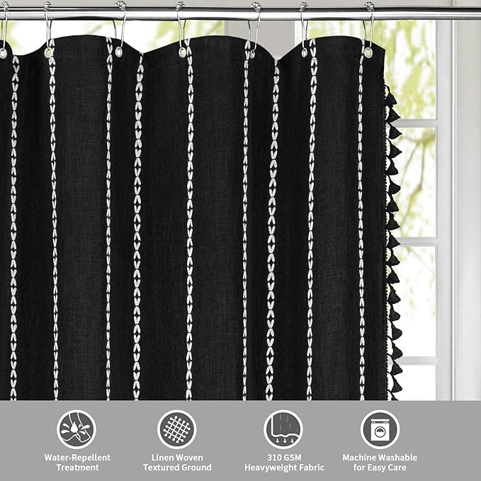 MitoVilla Black Boho Fabric Shower Curtain, Modern Farmhouse Polyester Linen Shower Curtains for Vintage Rustic Bathroom Decor, Country Tassel Thick Cloth Shower Curtain, 72 x 72