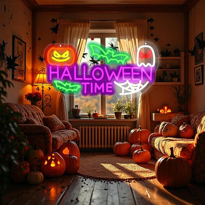 Halloween Time Neon Sign Ghost Decor Sign Spooky Neon Sign, Halloween Hanging Neon Light for Bat Pumpkin Neon Light for Bar Man Cave Horror Party Game Room Man Cave Horror Party Game Room