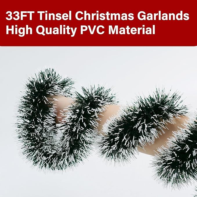 33FT Green Tinsel Christmas Garland Metallic Twist Shiny Garland for Christmas Tree Decorations, Xmas Holiday Hanging Garland for Home Indoor Outdoor Party Supplies Decor (Green, White)