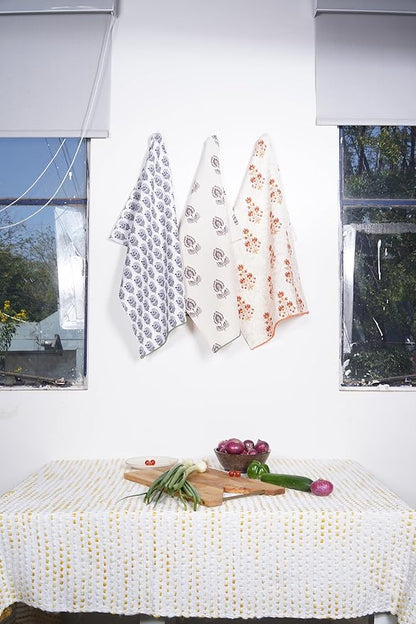 TARAN LIVING Printed Kitchen Dish Bar and Tea Towels Cotton, 18x28 inch with Trims, Cotton Dish Towel Sets (Multicolor Motif, Set of 3)