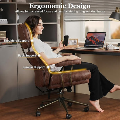 Mid Century Modren Large Office Chair, Big and Tall Ergonomic Executive Chair for Heavy Duty People, Desk Task Chair with Wheels, Faux Lether Fabric Wide Chair for Home Sturdy,Dark Brown