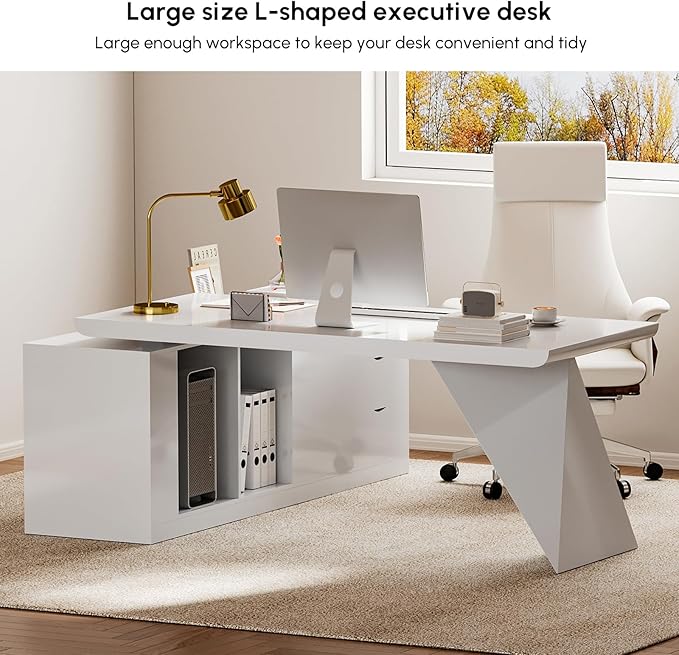 homary 70.9" Modern L-Shape Executive Desk, Home Office Desk with Drawers & Cabinet Modern Computer Desk for Home Business Furniture, White, Right Hand