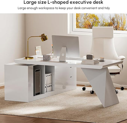 homary 70.9" Modern L-Shape Executive Desk, Home Office Desk with Drawers & Cabinet Modern Computer Desk for Home Business Furniture, White, Right Hand