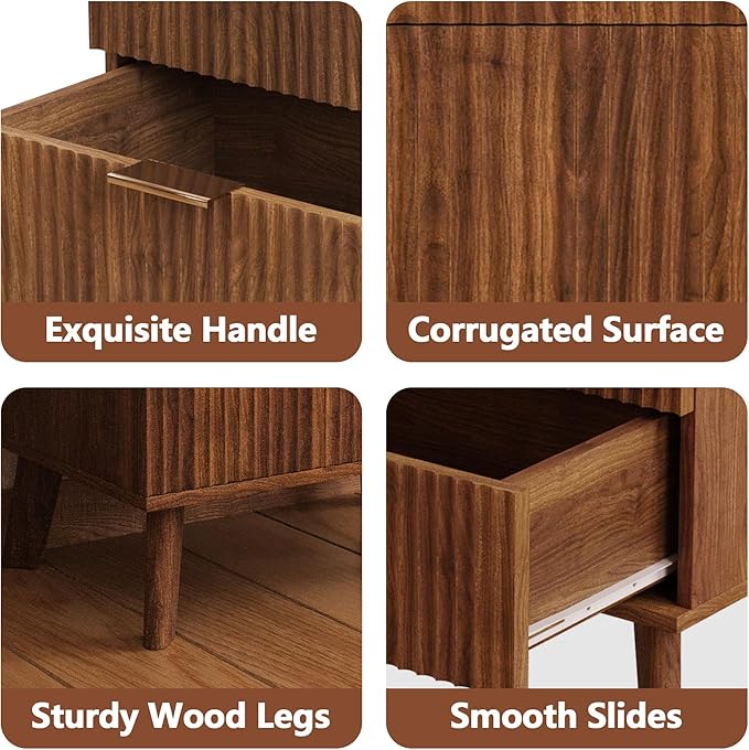 Fluted 3 Drawer Dressers, Modern Closet Dressers Chest of Drawers, Wood Storage Dresser Chest of Drawers Organizer for Bedroom Living Room Hallway Closet(Walnut)