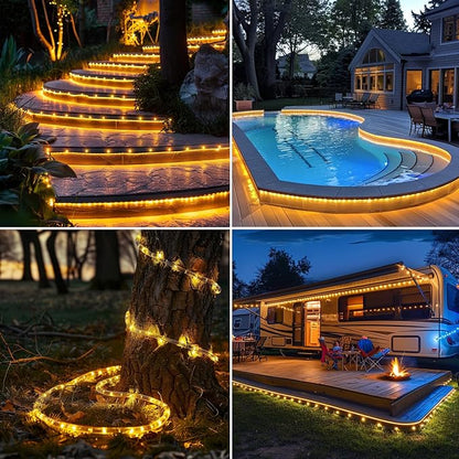 Solar Rope Lights Waterproof 65FT 200LEDs,High Capacity Rechargeable Battery,Dual Charging,Outdoor String Light,Remote-Control,for Pathway Patio Garden Palm Tree Christmas (Brighter - Warm White)