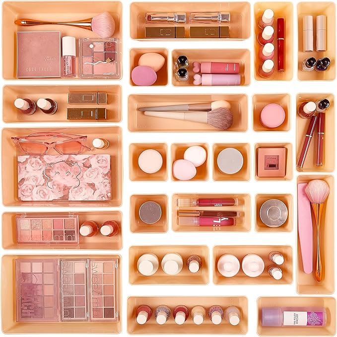 Vtopmart 25 PCS Plastic Drawer Organizers Set, 4-Size Versatile Bathroom and Vanity Drawer Organizer, Storage Bins for Makeup, Bedroom, Kitchen Gadgets Utensils and Office