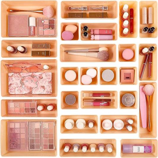 Vtopmart 25 PCS Plastic Drawer Organizers Set, 4-Size Versatile Bathroom and Vanity Drawer Organizer, Storage Bins for Makeup, Bedroom, Kitchen Gadgets Utensils and Office