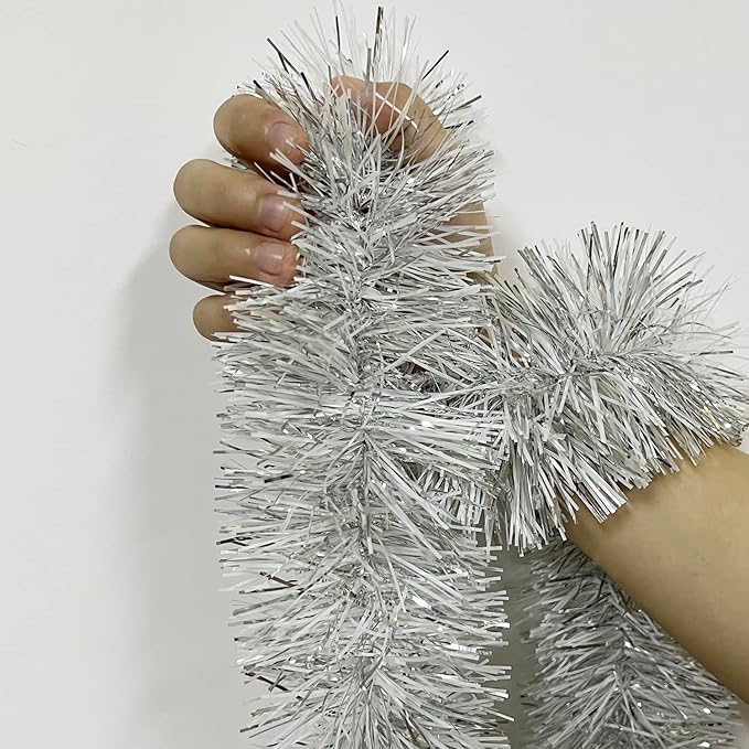 25 ft Long Roll Silver & White Tinsel Twist Garland, Shiny Metallic Foil Decorations for Halloween, Parade Floats, Christmas Eve, New Year Parties (4" x 25' roll, Silver & White)