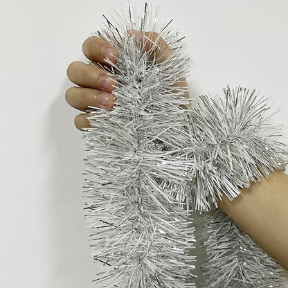 25 ft Long Roll Silver & White Tinsel Twist Garland, Shiny Metallic Foil Decorations for Halloween, Parade Floats, Christmas Eve, New Year Parties (4" x 25' roll, Silver & White)