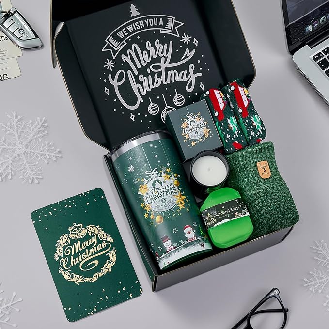 Christmas Gifts 2025,Christmas Gifts Basket for Women Men Merry Christmas Xmas Gift Basket Ideas Unique Xmas Present with ScentedCandle Glove Socks TumblerGift Set for Best Friends Coworker Teacher