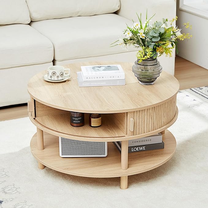 31.5” Round Coffee Table with Storage, Mid Century Modern 2 Tier Coffee Table with Tambour Sliding Door, Solid Wood Legs Fluted Center Table for Living Room Home Office Small Space, Natural