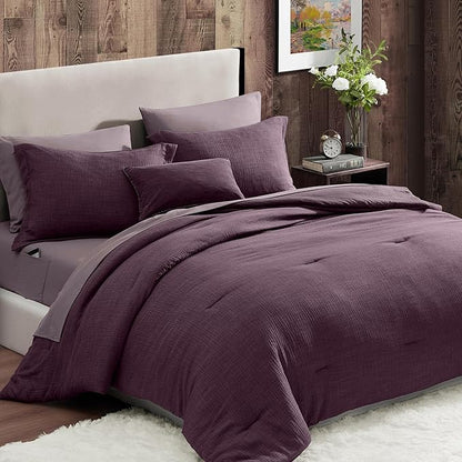 Geniospin Purple Queen Comforter Set - 7 Pieces Egglant Comforter Queen Size, Solid Bedding Set for All Season, Textured Bed in a Bag with Sheets